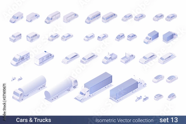 Fototapeta Kolekcja wektorów izometrycznych płaskich samochodów transportowych 3D: