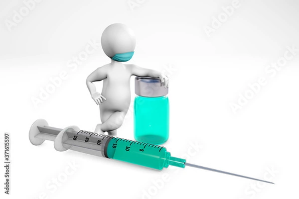 Fototapeta Man with a mask with syringe and medicine 3d rendering