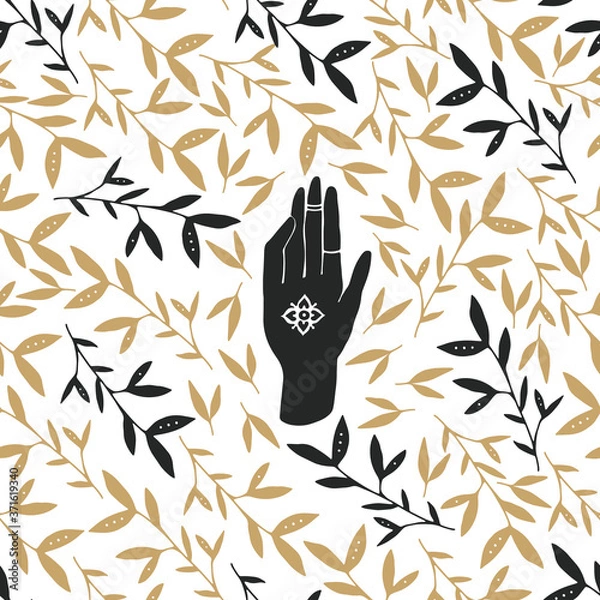 Fototapeta Vector colors seamless pattern of mystic henna mudra hands and flower. Great for fabric, wrapping paper and card. Aztec stile, ethnic collection, design  isolated on white background.