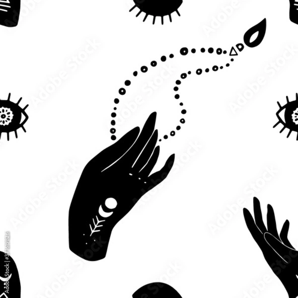 Fototapeta Vector  seamless pattern of mystic henna mudra hands and rosary, eyes esoteric. Great for fabric, wrapping paper and card. Aztec stile, ethnic collection, design  isolated on white background.