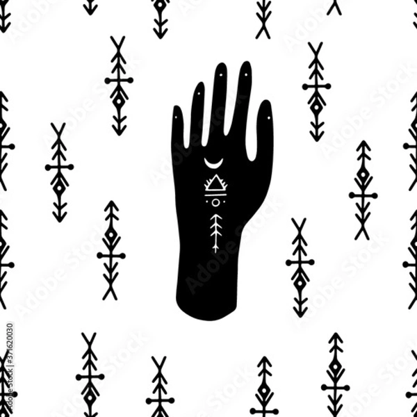 Fototapeta Vector seamless symbol pattern of mystic henna mudra hands and moon. Great for fabric, wrapping paper. Tribal elements, aztec stile, tribal art, ethnic collection, design isolated on white background.