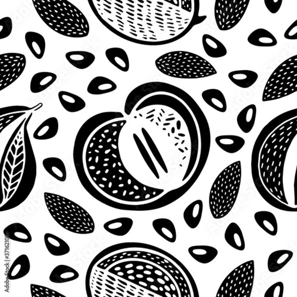Fototapeta Seamless stamp pattern with fruits - apple, pear, mango and almond on white background. Great for fabric, textile, wrapping paper. 