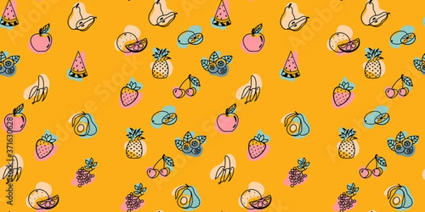 Fototapeta Graphic style fruits and berries seamless vector pattern on colorful background.