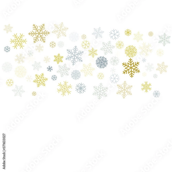 Fototapeta Christmas snowflakes background with place for text. Winter gold and silver snow minimal frame decoration on white, greeting card. New Year Holidays subtle backdrop. Vector illustration