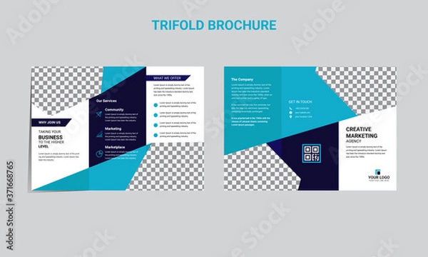 Fototapeta Vector triple folding brochure for business and advertising. The template is white with a red hexagon and a place for photos. Design for printing and advertising.
