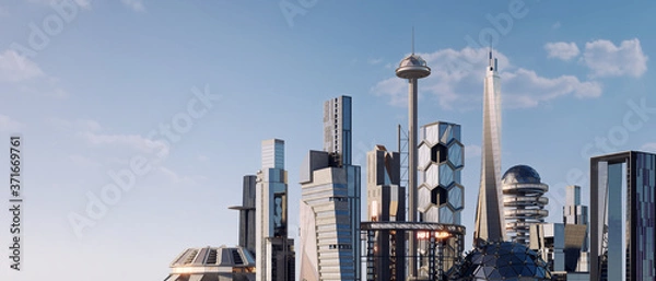 Obraz Scifi futuristic city skyline panorama, 3D Illustration