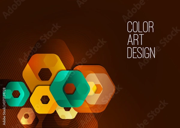Fototapeta Bright abstract background of rounded multicolored hexagons and lines. Business presentation template. Modern geometric design. Vector