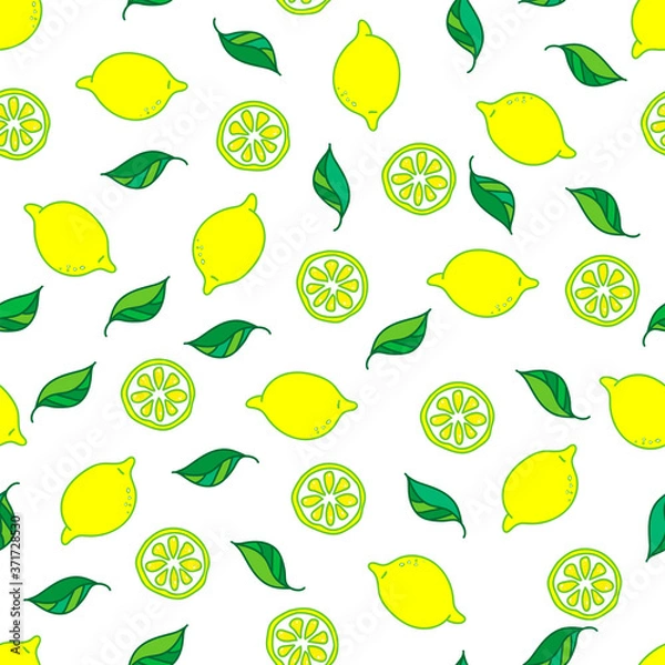 Obraz Seamless pattern with yellow lemons and leafs. Hand drawn vector illustration on white background.	