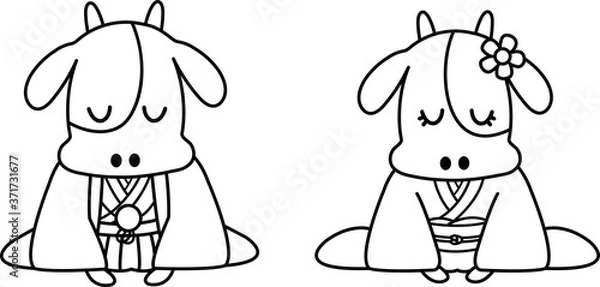 Obraz お辞儀をする着物姿の牛の夫婦（白黒）