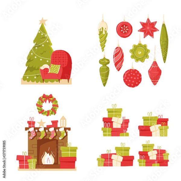 Fototapeta Classic brick fireplace and christmas tree with Christmas socks, presents and gifts on a neutral background. Cozy new year's interior. New year vector illustration in flat style for web banner