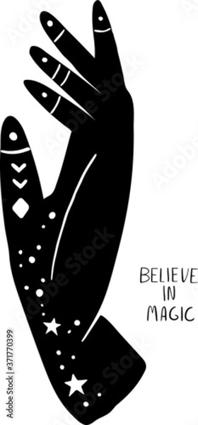 Fototapeta Vector black mystic hands mudra esoteric with the phrase.  Illustration for a wall art design, poster, greeting card, printing. Aztec stile, tribal art, ethnic, design isolated on white background.