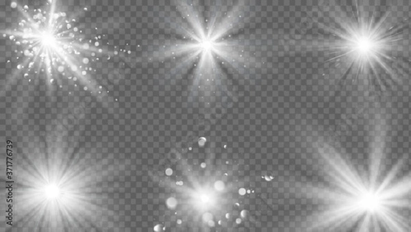 Obraz Flares and rays effect. White light burst, star sparkle. Magic starburst beam with glitter, realistic sun glow vector isolated set on transparent. Glowing explosion, bright shining effect