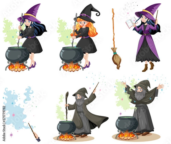 Fototapeta Set of wizard or witches with magic tools cartoon style isolated on white background