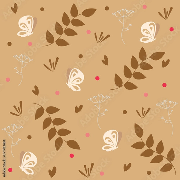 Fototapeta Modern pattern with butterflies and leaves. Vector illustration for bright packaging and design.