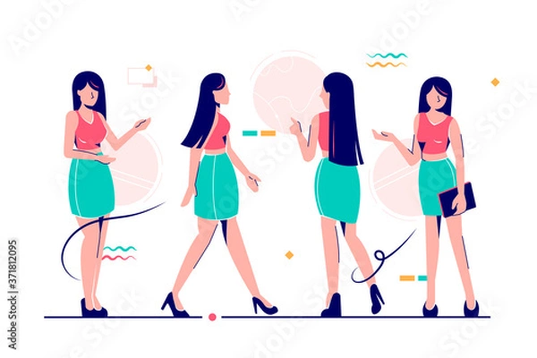 Fototapeta Set woman character poses in green and red modern style clothes.