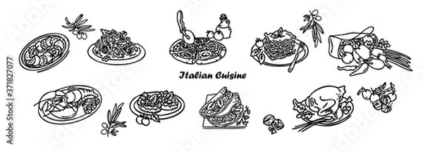 Fototapeta Italian cuisine line icon set. Italian Food. Can be used for topics like healthy diet, dinner, restaurant menu, cooking. Hand Made Design Vector. Outline style