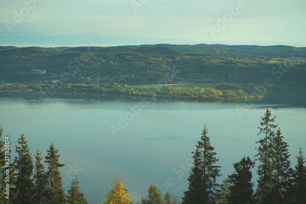 Fototapeta View of fjord in Drammen from local mountain.