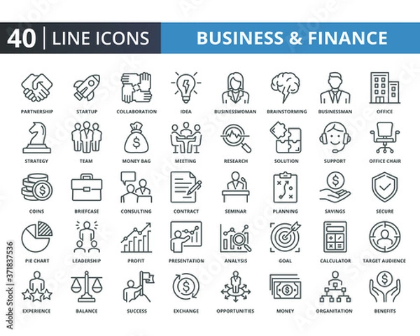 Fototapeta Business and finance vector line icons pack. Simple thin lines quality icon for web elements. Related of financial, people, strategy, management and etc