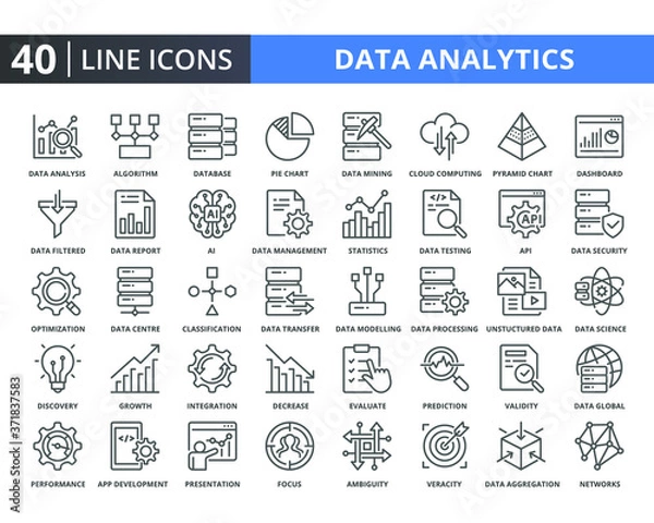 Fototapeta Data Analysis Vector Line Icons Pack. Related Of Diagram, Analytics, Statistics, Charts, Big Data, Processing. Simple Thin Lines Quality Icon For Web Elements