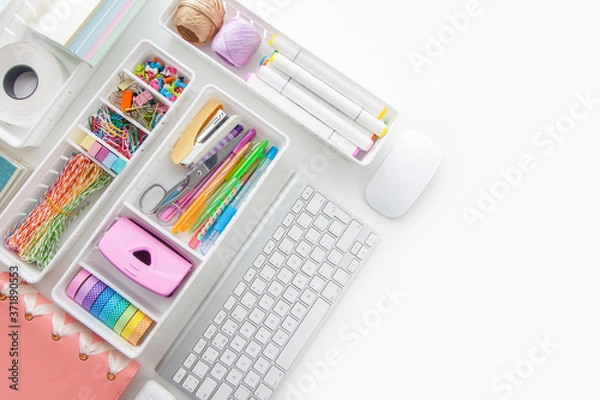 Fototapeta Flat lay stylish set: Clipboard mockup, washi tape, note on white background. School stationery. Back to school concept.