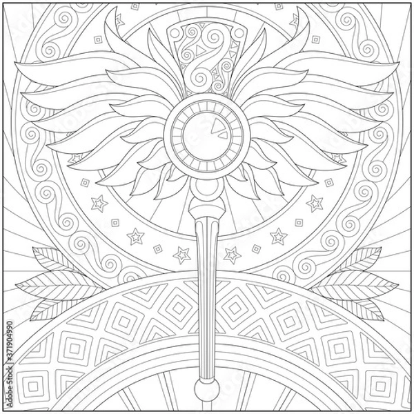 Fototapeta Fantasy wings staff, Adult and kid coloring page in stylish vector illustration for education and learning