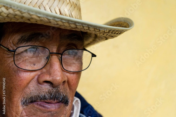 Obraz Elder with glasses and hat looking at