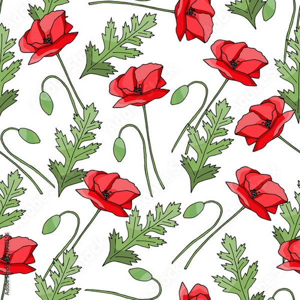 Obraz Vintage poppy seamless pattern, great design for any purpose. Doodle style texture. Geometric floral background. Fabric wallpaper with print texture.
