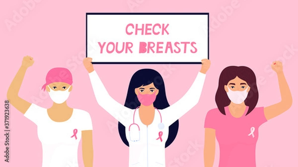Fototapeta National Breast Cancer Awareness Month. A doctor in a protective mask holds a poster. Girl was wearing a head scarf after chemotherapy and with a pink ribbon on T-shirt raised fist up.