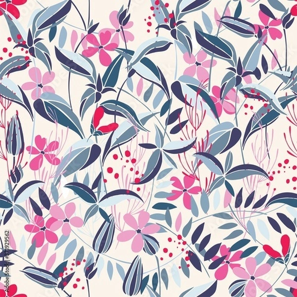 Fototapeta Seamless pattern with flowers, herbs and leaves. Flat vector pattern.
