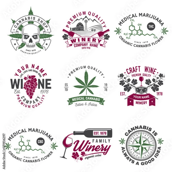 Fototapeta Set of wine company and medical cannabis shop badge. Vector. Concept for shirt, print, stamp or tee. Design for winery company, bar, pub, weed shop, marijuana delivery