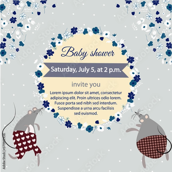 Obraz Vintage invitation card with mouses, floral frame, vector illustration