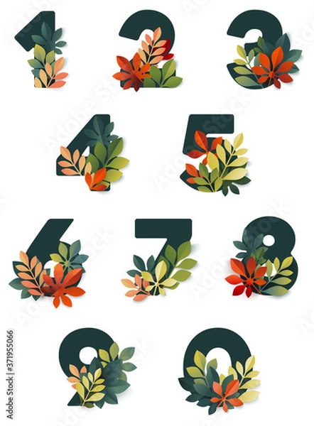 Fototapeta Autumn digits. Vector set of numbers from 0 to 9, decorated of colorful fall leaves. Design template elements for seasonal sale posters, web advertising, promotion and anniversary cards.
