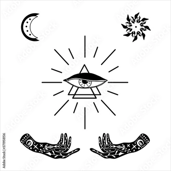 Fototapeta Vector illustration of hand with tattoos, alchemy symbol with a triangle and an eye with rays. abstract graphics with occult and mystical signs. Hand-drawn style. spiritual intention. concept of magic