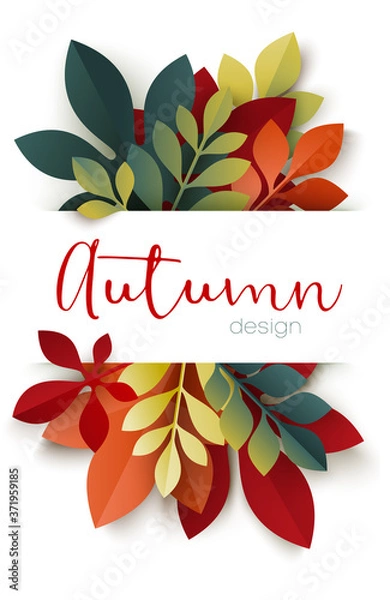 Fototapeta Hello Autumn poster. Bouquet of colorful fall leaves on white background. Seasonal banner in trendy paper cut style. Design template for print or web. Vector illustration