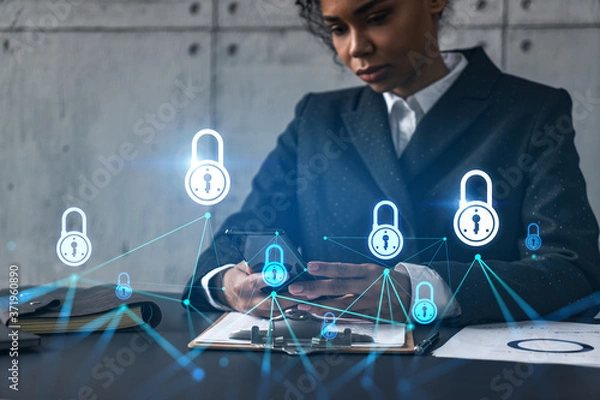 Fototapeta Businesswoman using phone, work in modern office on new project. Double exposure. Concept of success. Lock security hologram.