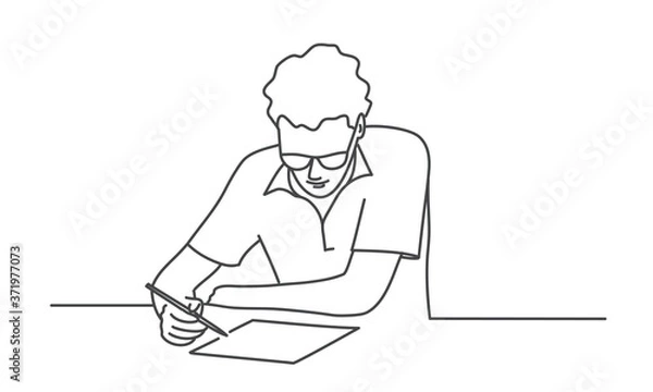 Fototapeta Young man with glasses writing at the table. Line drawing vector illustration.