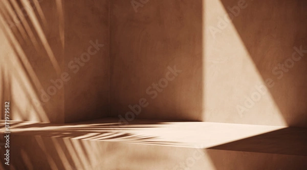 Fototapeta Minimal cosmetic background for product presentation. Sunshade shadow on beige plaster wall. 3d render illustration. Object isolate clipping path included.