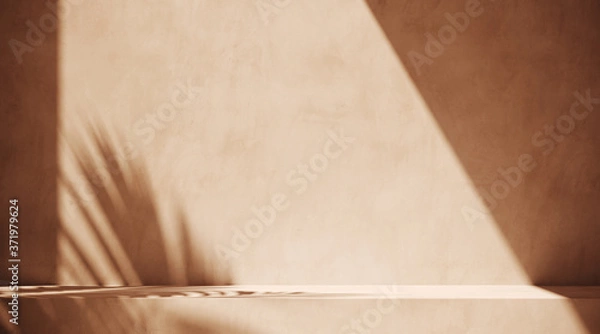 Fototapeta Minimalne tło kosmetyczne do prezentacji produktu. Cień przeciwsłoneczny na beżowej ścianie tynkowej. Ilustracja renderowania 3D. Zawiera ścieżkę przycinającą izolowanego obiektu.