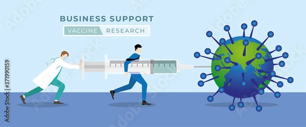 Fototapeta Vaccine research. Business support medical concept. Businessman helping the doctor inject vaccine to the world that infect virus by the big syringe. Try to loading vaccine for immunity.