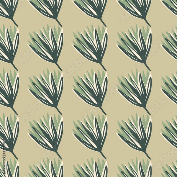 Fototapeta Simple minimalistic seamless floral pattern with bud tulip. Beige background with green and blue botanic ornament.