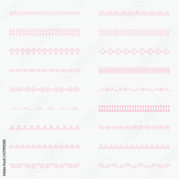 Obraz Set of horizontal isolated Light pink lace borders for design. Patterned elegant beautiful edge. Vector illustration