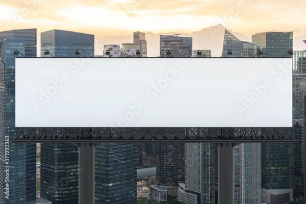 Obraz Blank white road billboard with Singapore cityscape background at sunset. Street advertising poster, mock up, 3D rendering. Front view. The concept of marketing communication to sell idea.