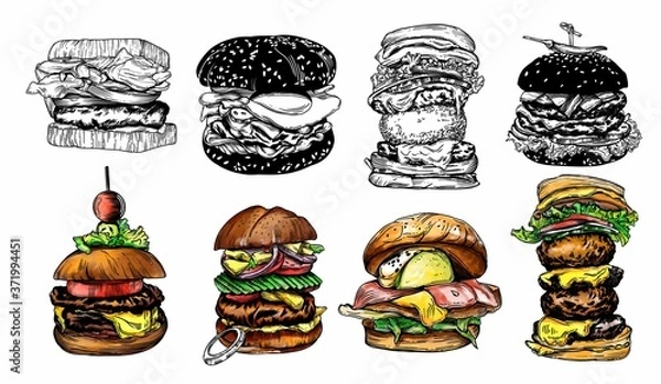 Obraz Illustration of different burgers. with detailed drawing in the style of the sketch. Color and black-and-white burgers.