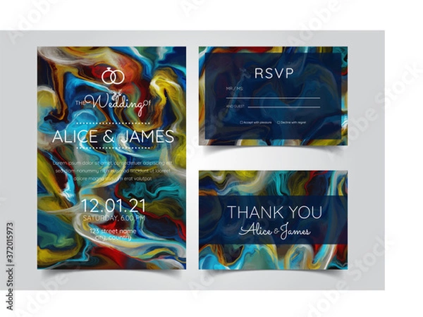 Fototapeta Vector modern design wedding invitation. Liquid colors greeting cards with golden text. Save the date design template. Branding, color.