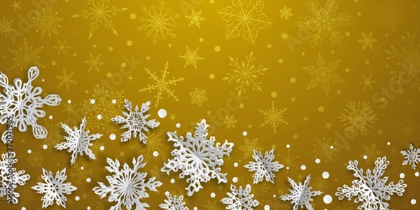 Fototapeta Christmas background with volume paper snowflakes with soft shadows on yellow background