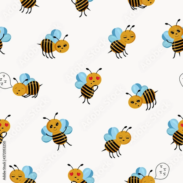 Fototapeta Seamless pattern with cute bees. Colorful illustration. Vector illustration on a white background for Wallpaper.