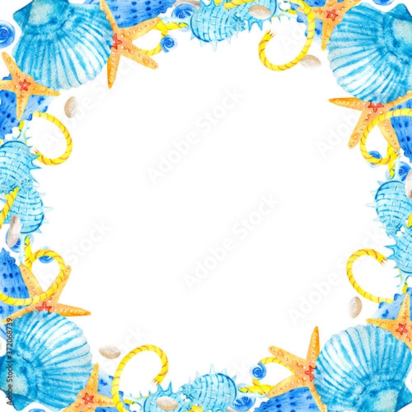 Fototapeta Watercolor square frames with sea shells, stars and snails on a white background. Marine composition illustration. Clipart for hand-drawn postcard design template
