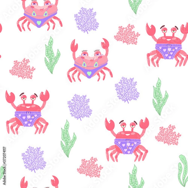 Fototapeta Crab seamless in hand drawn style. Cute Summer seamless background. Cartoon animal doodle.
