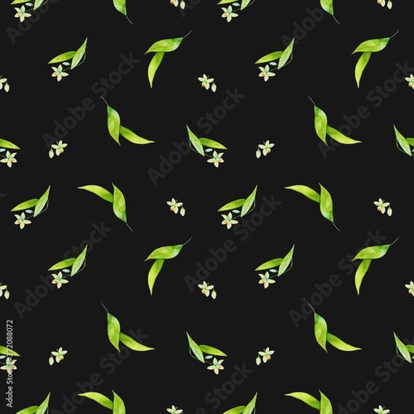 Fototapeta Watercolor Seamless pattern with citrus flowers on a dark background, leaves background. Hand drawn illustration for summer romantic cover, tropical wallpaper, prints for the kitchen, Sicilian style