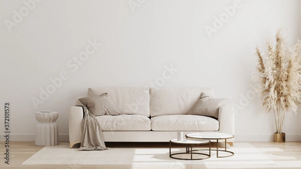 Fototapeta Makieta wnętrza salonu w stylu skandynawskim, tło wnętrza nowoczesnego salonu, beżowa sofa i trawa pampasowa, renderowanie 3d